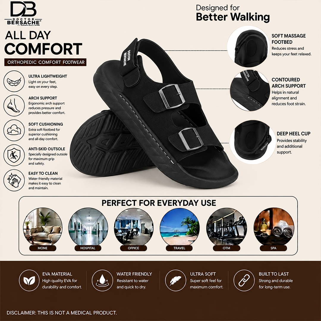 Doctor Bersache Newly Launched Orthopedic Comfort Sandals for Men | Diabetic Friendly | Extra Cushioning | Arch Support | Pain Relief Black-DB -136