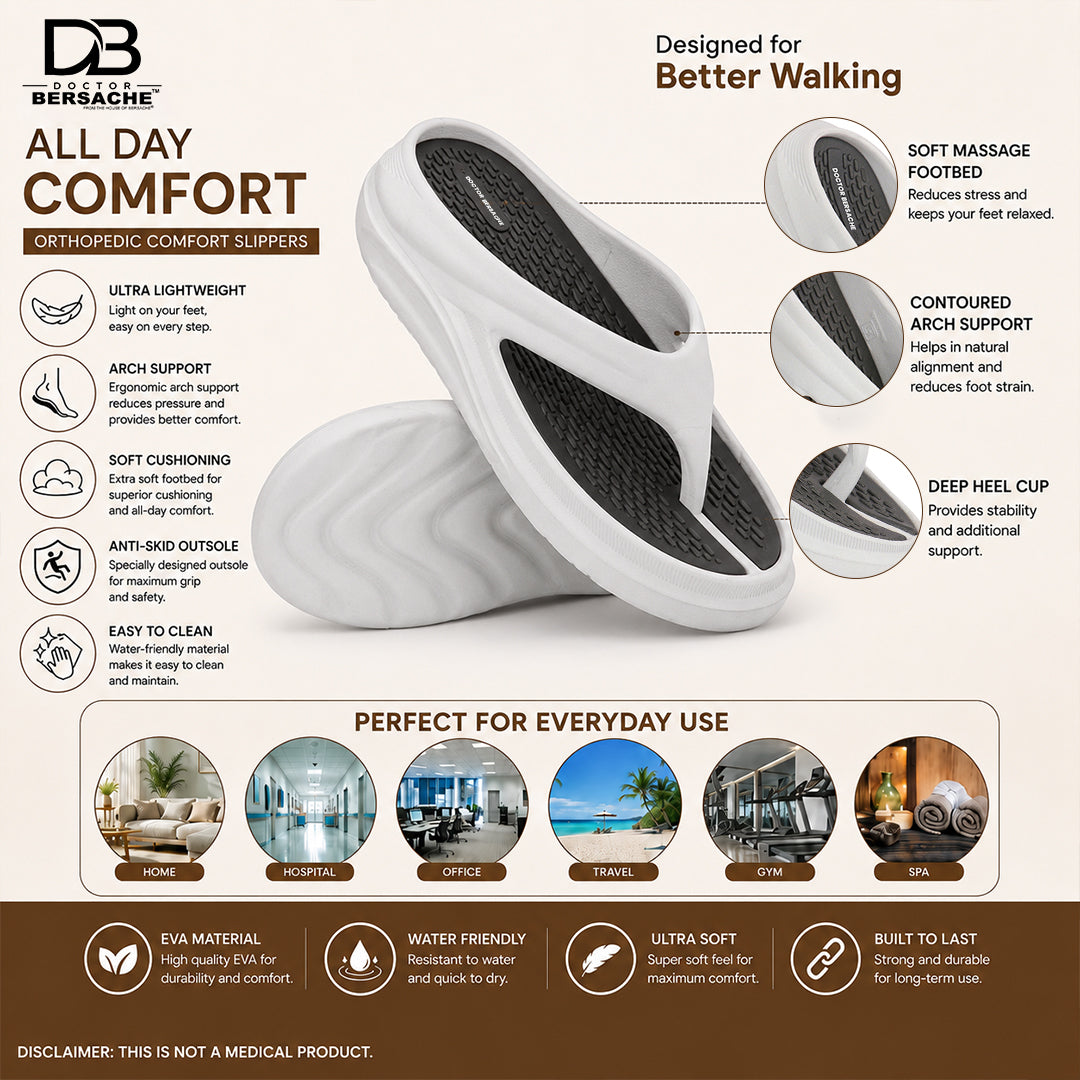 Doctor Bersache Newly Launched Orthopedic Comfort Slippers And Flip-Flop for Men | Diabetic Friendly | Extra Cushioning | Arch Support | Pain |  White DS101