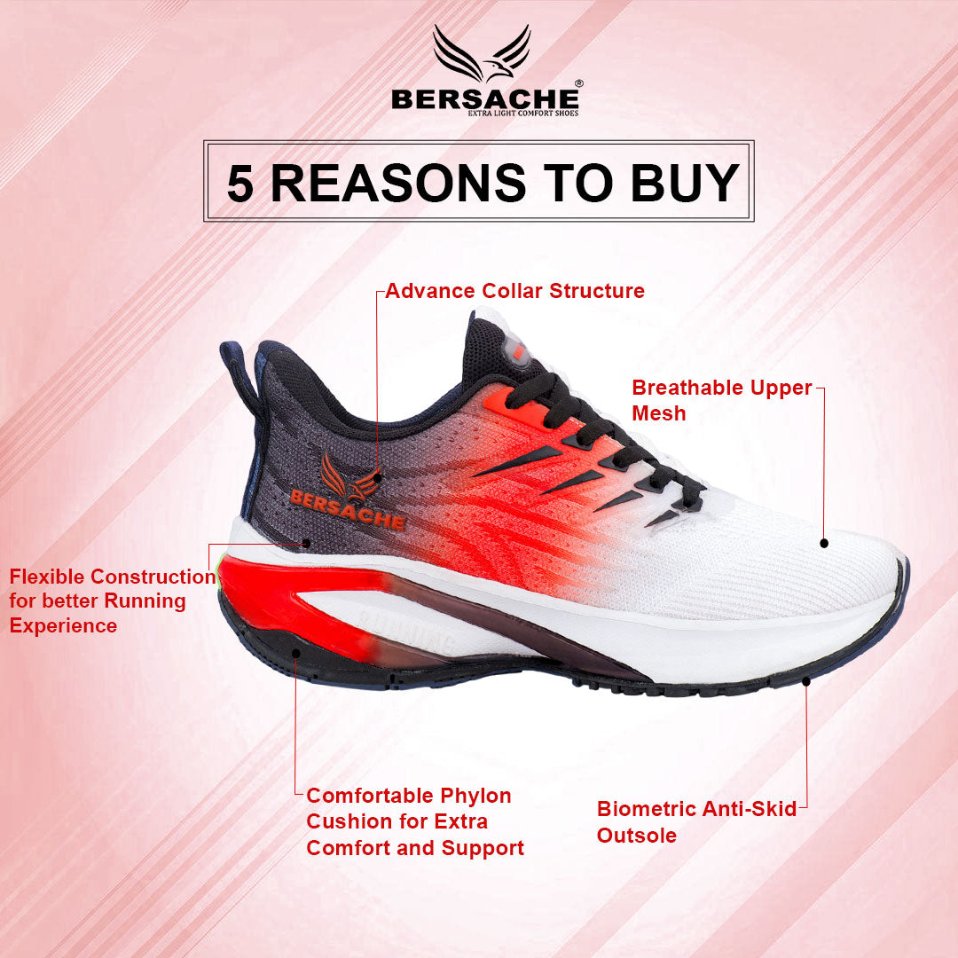 Bersache Casual Sneaker shoe for Men| Soft Cushioned Insole , Slip-Resistance Casuals For Men (Red-White-9214).