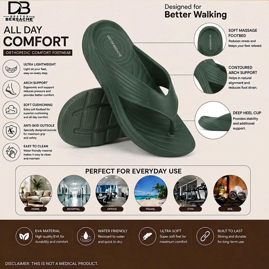 Doctor Bersache Newly Launched Orthopedic Comfort Slipper & Flip-flop for Men | Diabetic Friendly | Extra Cushioning | Arch Support | Pain | Green-DS109.