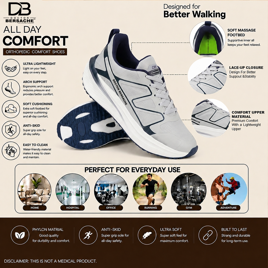Doctor Bersache Newly Launched Orthopedic Comfort Sport Shoes for Men | Diabetic Friendly | Extra Cushioning | Arch Support | Pain | Grey-DS117