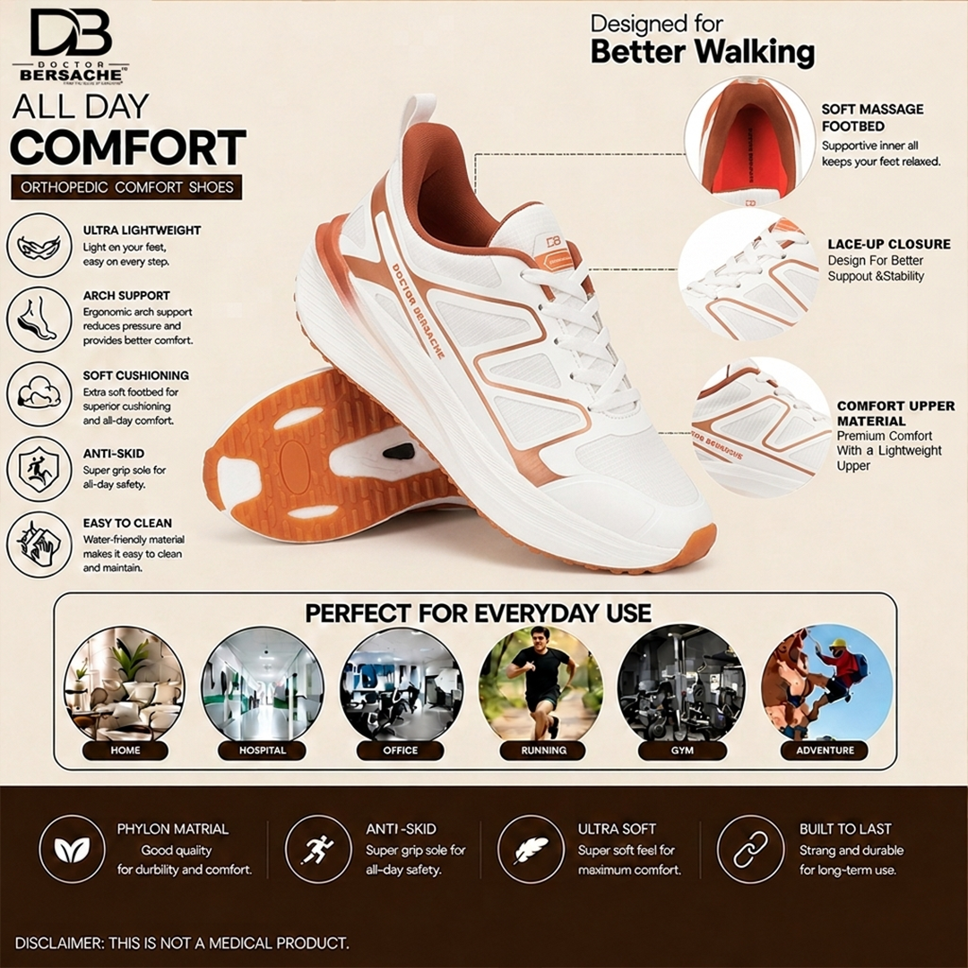 Doctor Bersache Newly Launched Orthopedic Comfort Sport Shoes for Men | Diabetic Friendly | Extra Cushioning | Arch Support | Pain | White-DS118