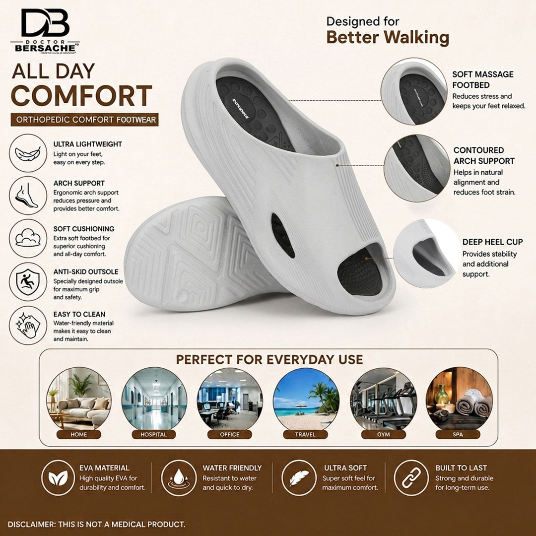Doctor Bersache Newly Launched Orthopedic Comfort Slider for Men | Diabetic Friendly | Extra Cushioning | Arch Support | Pain | White DS103.