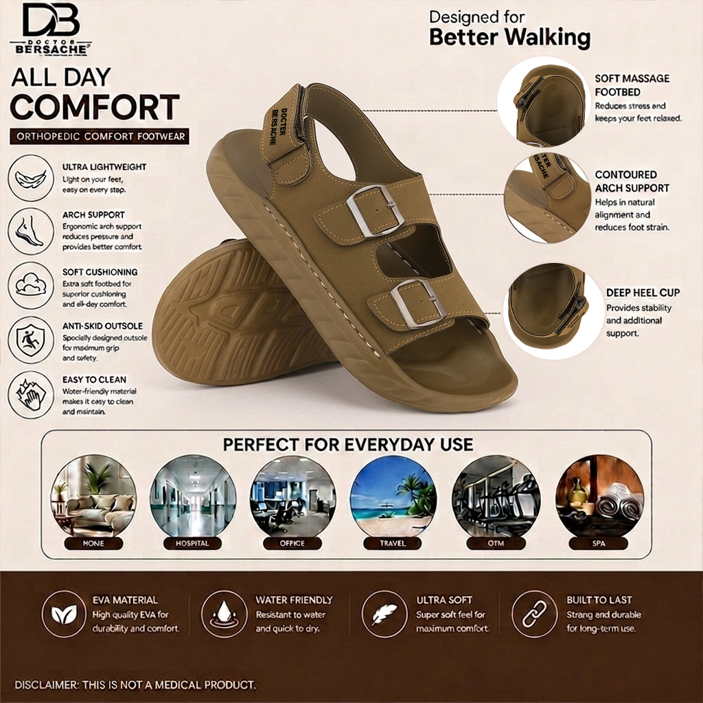 Doctor Bersache Newly Launched Orthopedic Comfort slider for Men | Diabetic Friendly | Extra Cushioning | Arch Support | Pain | Brown-DS135