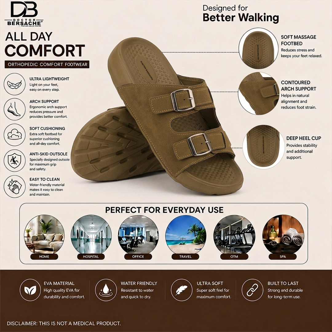 Doctor Bersache Newly Launched Orthopedic Comfort slider for Men | Diabetic Friendly | Extra Cushioning | Arch Support | Pain | Brown-DS131