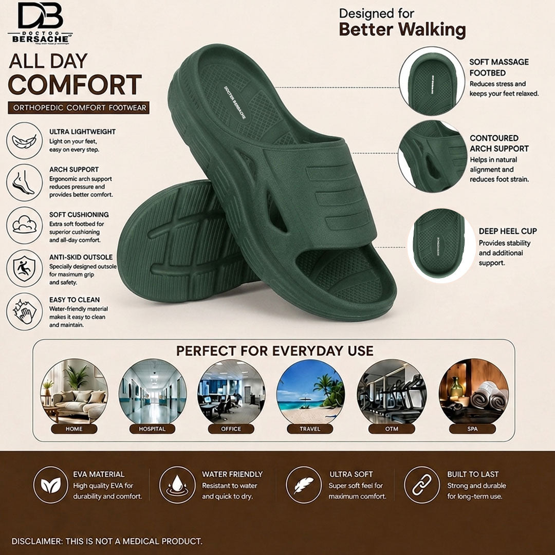 Doctor Bersache Newly Launched Orthopedic Comfort Slider for Men | Diabetic Friendly | Extra Cushioning | Arch Support | Pain |Green-DS107.