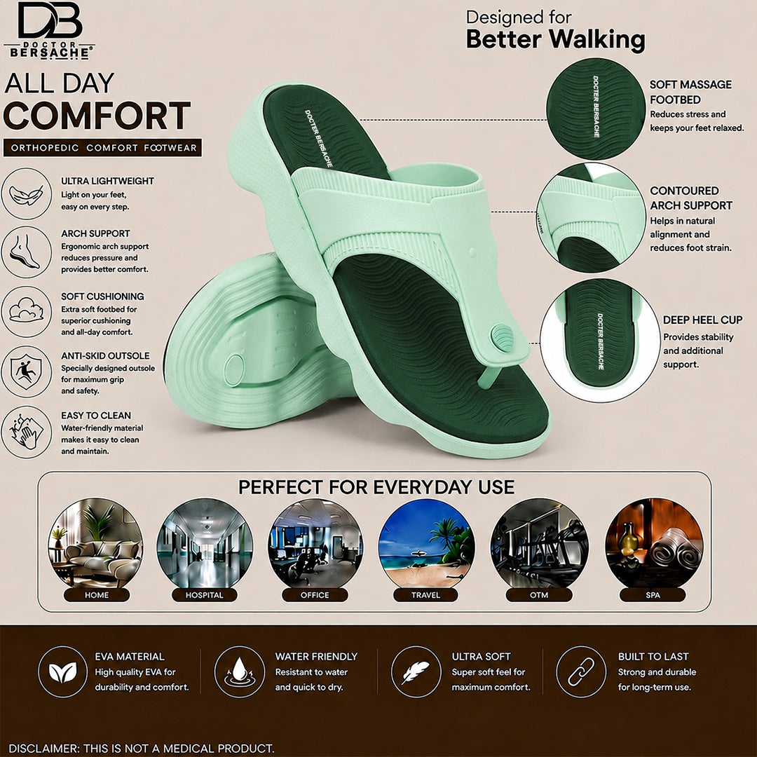 Doctor Bersache Newly Launched Orthopedic Comfort Slipper & Flip-Flop for Women | Diabetic Friendly | Extra Cushioning | Arch Support | Pain Green -DS120 .