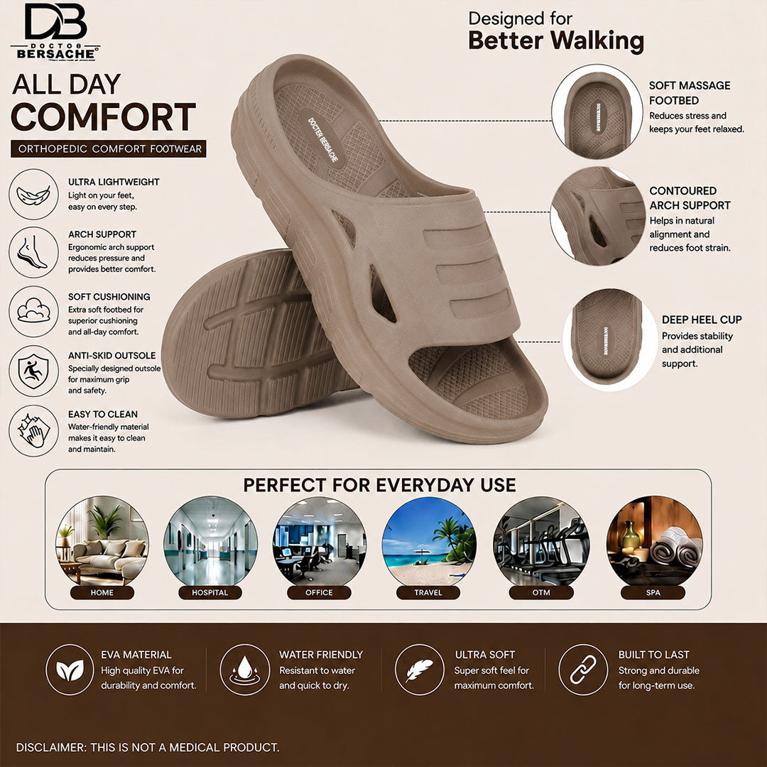 Doctor Bersache Newly Launched Orthopedic Comfort Slider for Men | Diabetic Friendly | Extra Cushioning | Arch Support | Pain |Brown-DS108.