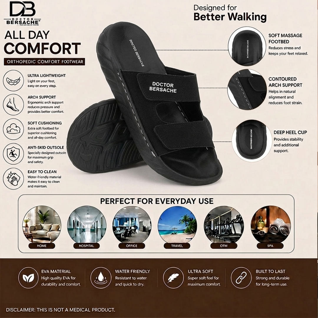 Doctor Bersache Newly Launched Orthopedic Comfort slider for Men | Diabetic Friendly | Extra Cushioning | Arch Support | Pain | Black-DS130