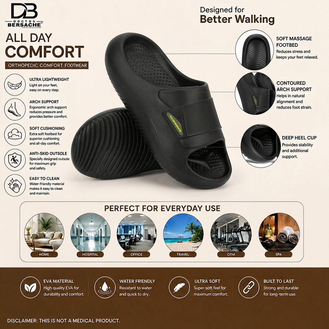 Doctor Bersache Newly Launched Orthopedic Comfort Slider for Men | Diabetic Friendly | Extra Cushioning | Arch Support | Pain |Black-DS106.