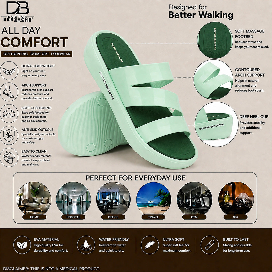 Doctor Bersache Newly Launched Orthopedic Comfort Slider for Women | Diabetic Friendly | Extra Cushioning | Arch Support | Pain Green -DS125.