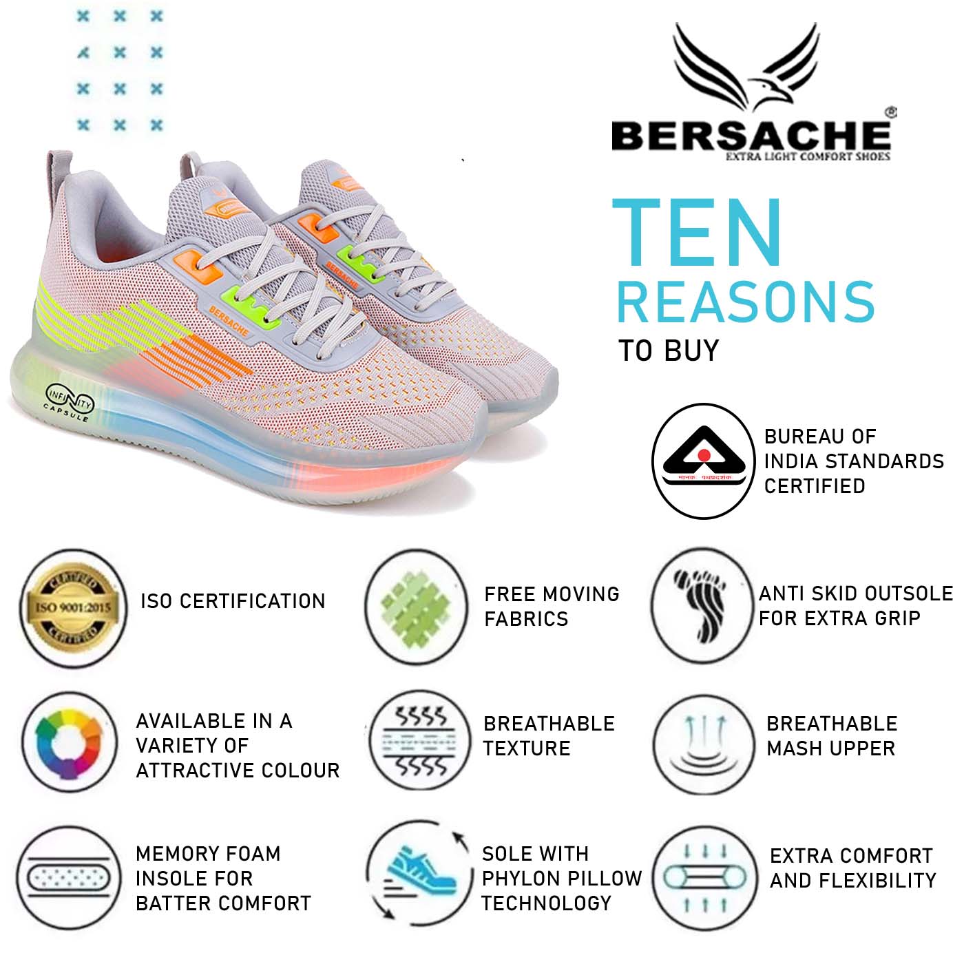 Bersache Lightweight Sports Running Shoes For Men Grey-9027