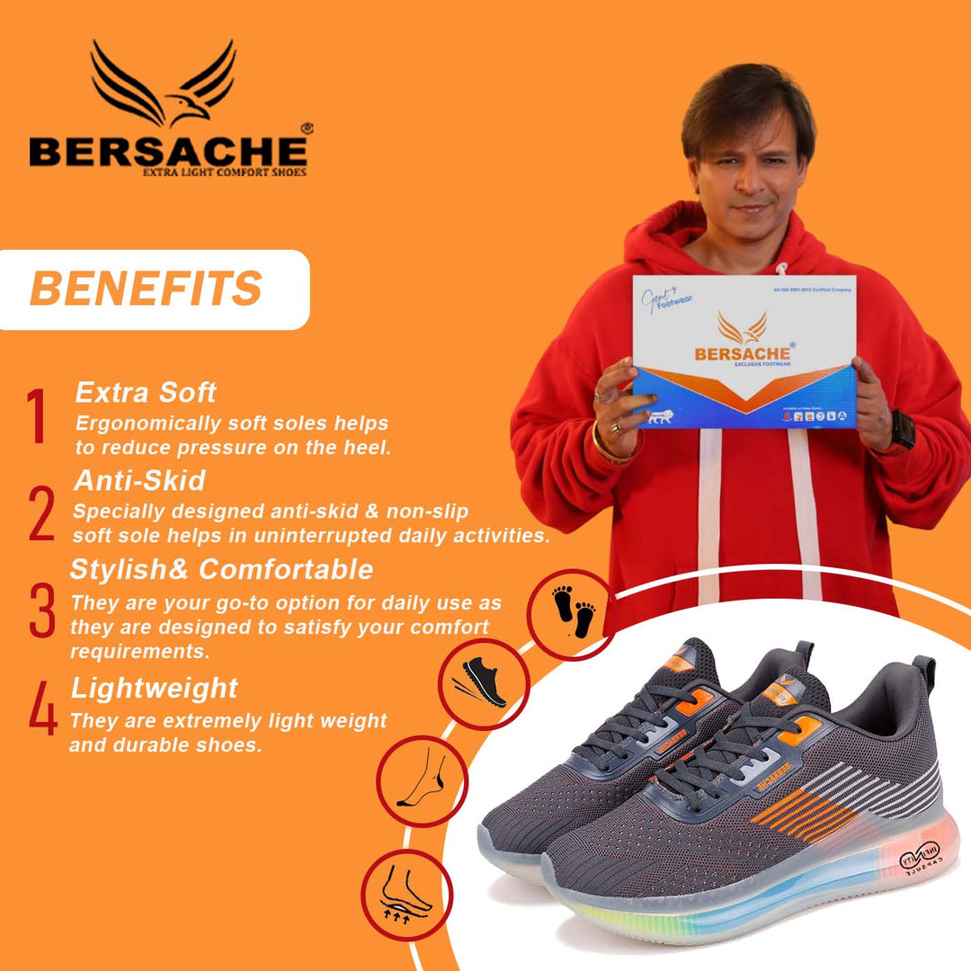 Bersache Lightweight Sports Running Shoes For Men Grey-9029