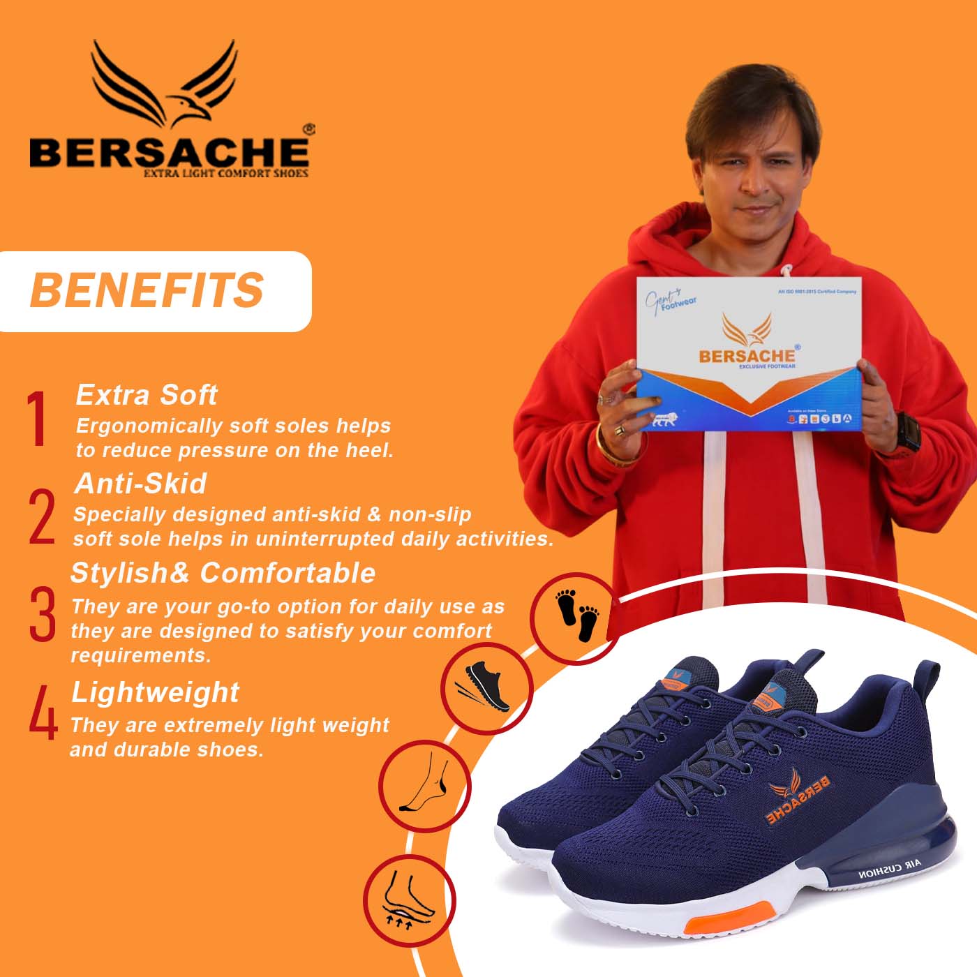 Bersache Lightweight Sports Running Shoes For Men Navy-9048