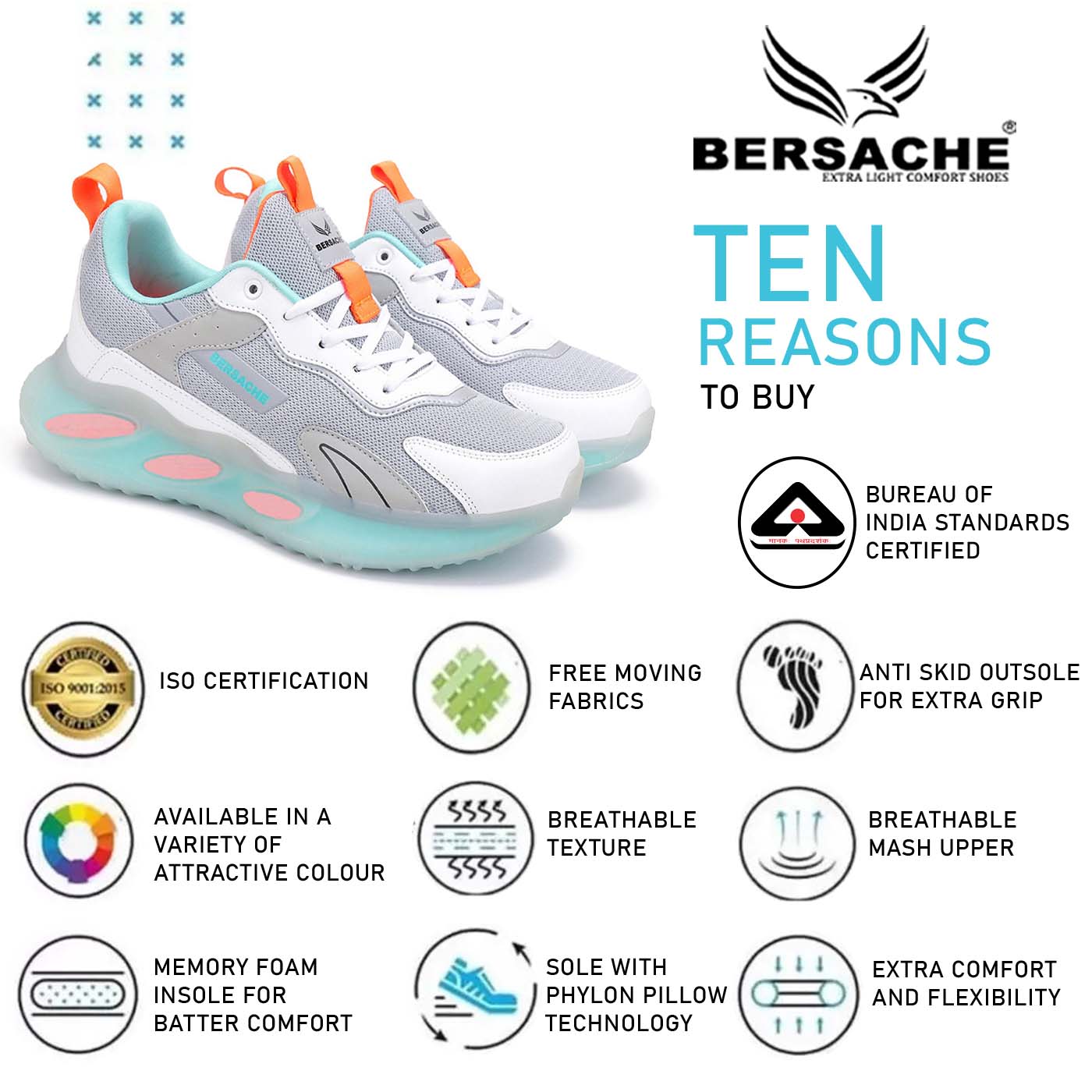 Bersache Lightweight Casual Sneaker Shoes For Men Grey-9050
