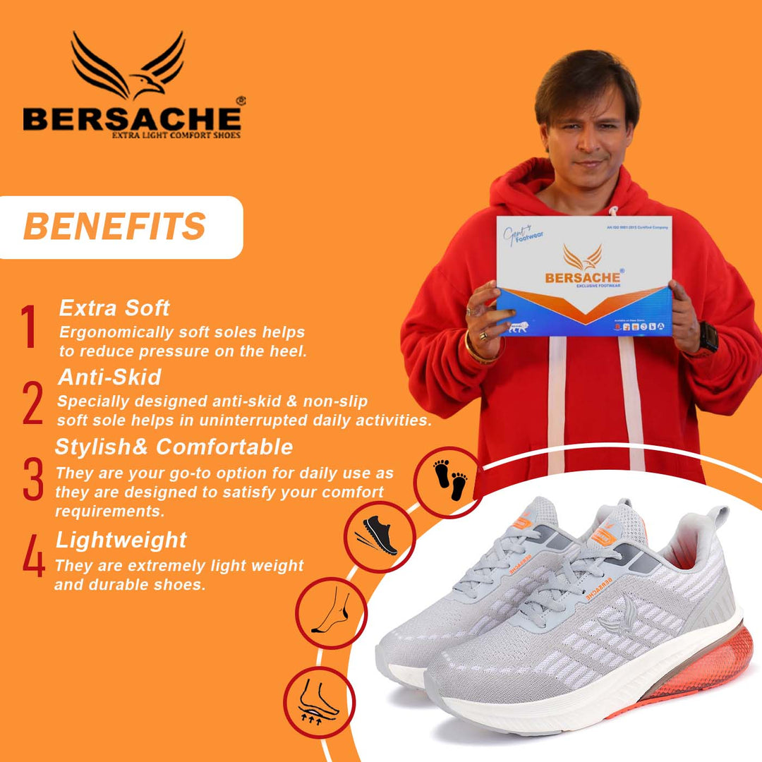 Bersache Lightweight Sports Running Shoes For Men Grey-9073