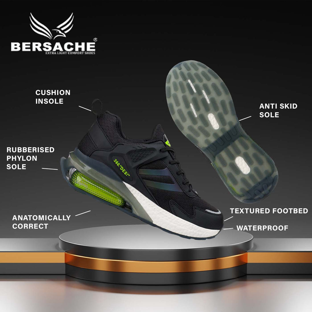 Bersache Lightweight Sports Running Walking Trekking Shoes For Men(Black-Green-9076)