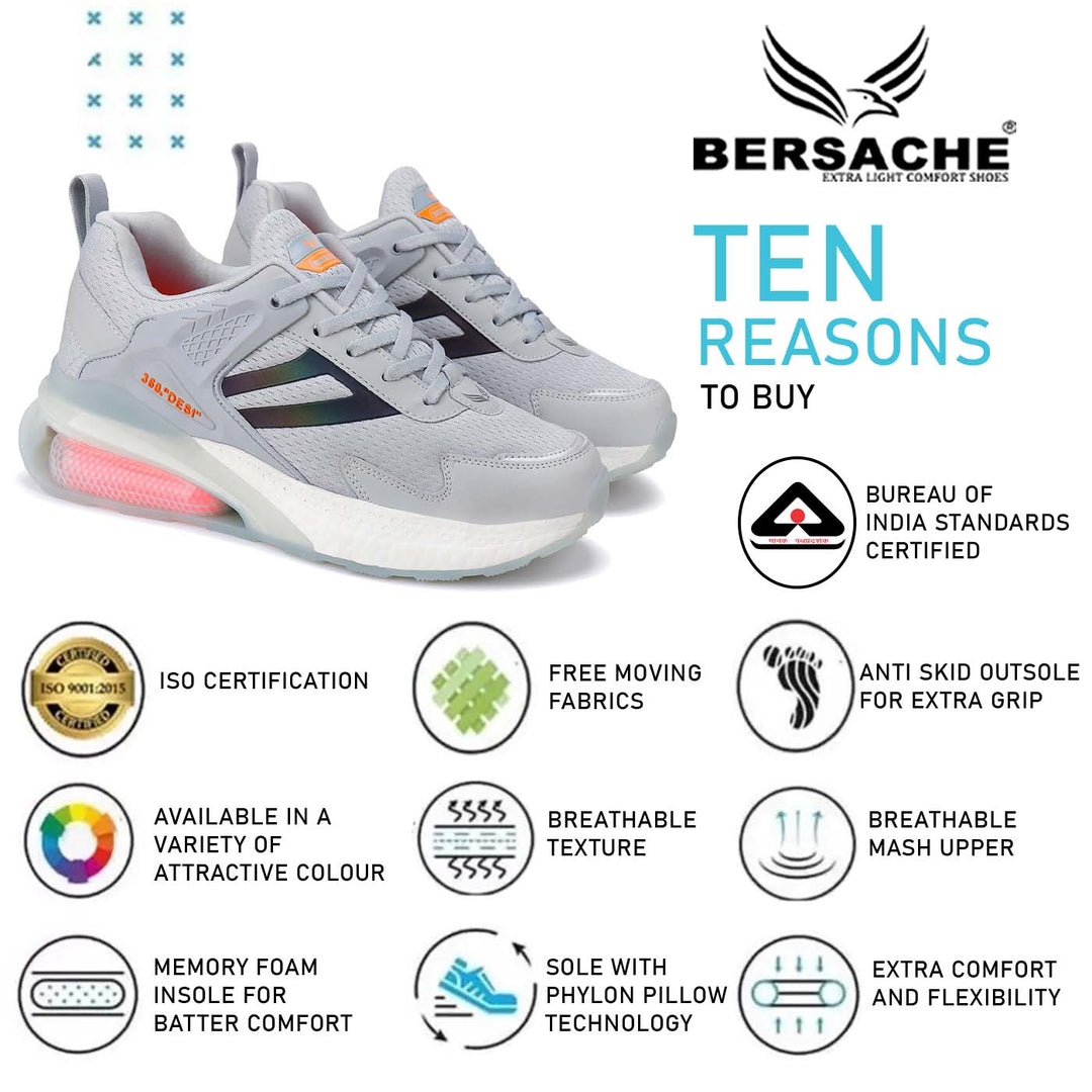 Bersache Lightweight Sports Running Walking Trekking Shoes For Men(Grey-9077)