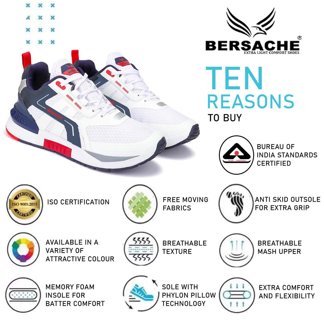 Bersache Lightweight Sports Running Walking Trekking Shoes For Men (9079-White)