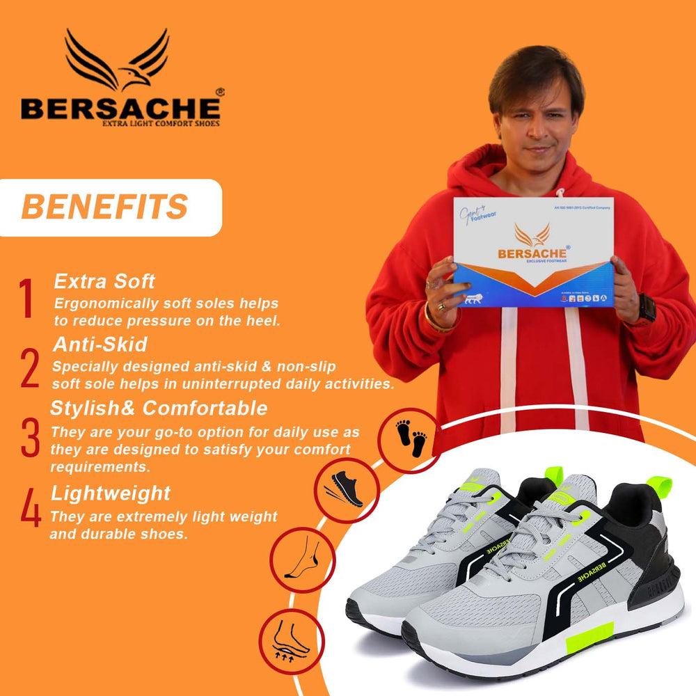 Bersache Lightweight Sports Running Walking Trekking Shoes For Men (9080-Grey)