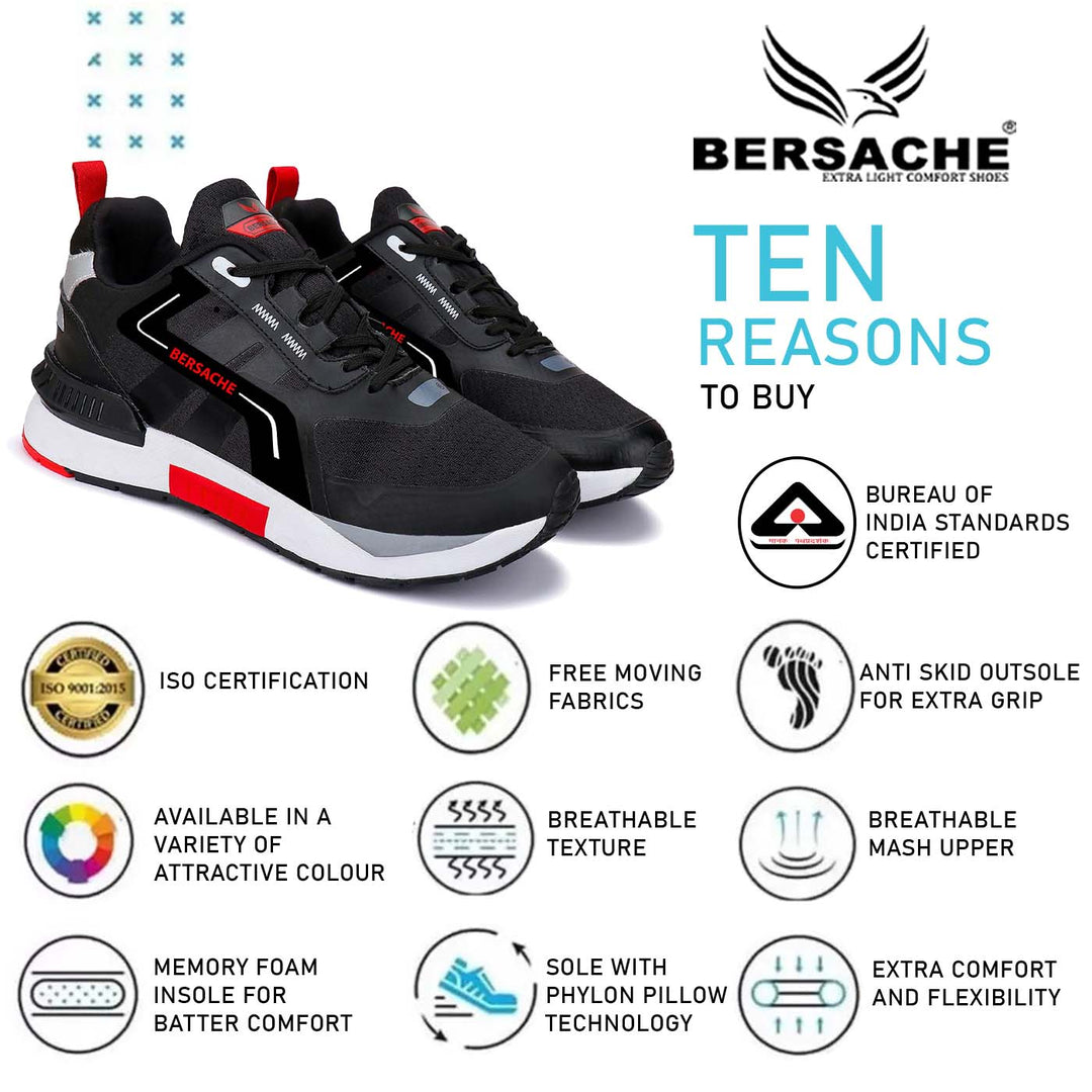 Bersache Lightweight Sports Running Walking Trekking Shoes For Men (9081-Black)