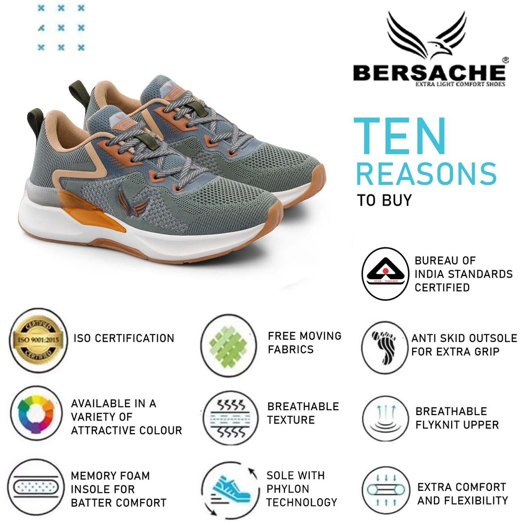 Bersache Premium Sports ,Gym, Trending Stylish Running Shoes For Men (9204-Grey/Orange)