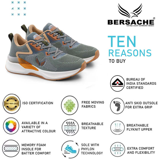 Bersache Premium Sports ,Gym, Trending Stylish Running Shoes For Men (9204-Grey/Orange)
