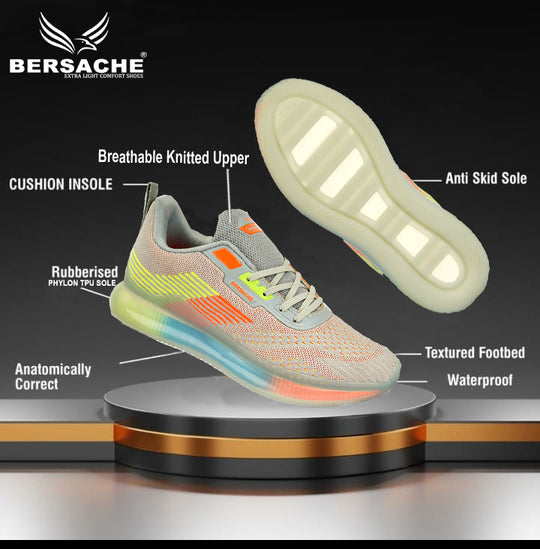 Bersache Lightweight Casual Sneaker Shoes For Men Grey-9027